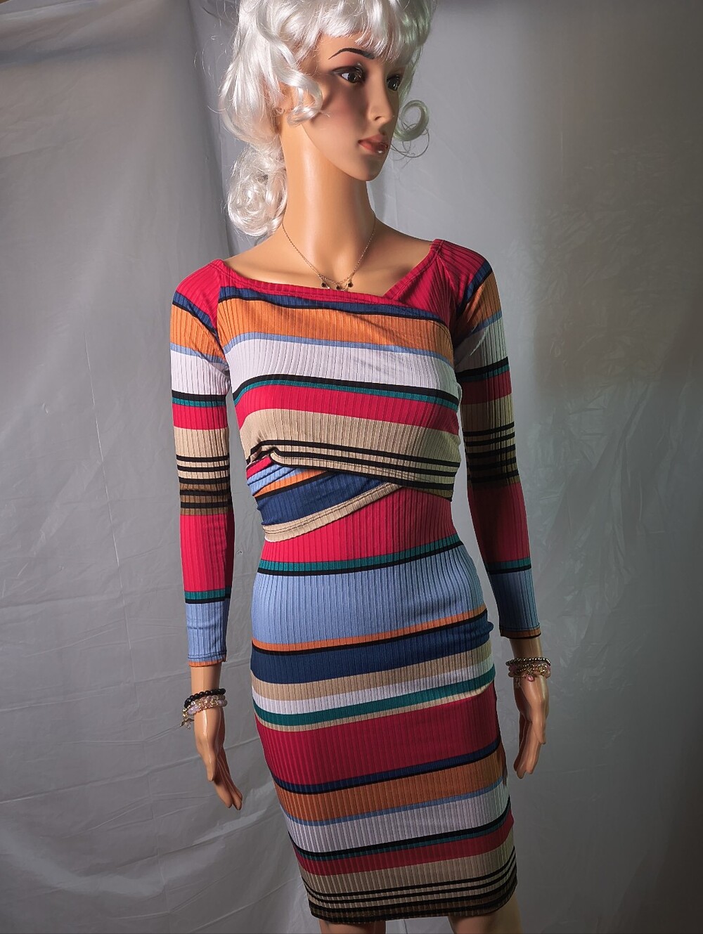 Diosa Multicolor Striped Cutout Tie Waist Bodycon Dress M Made in USA